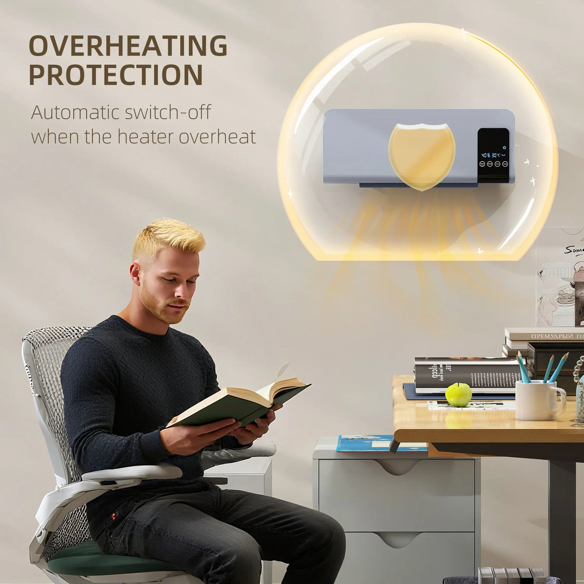 Grey wall-mounted heater with overheating protection shield indicator