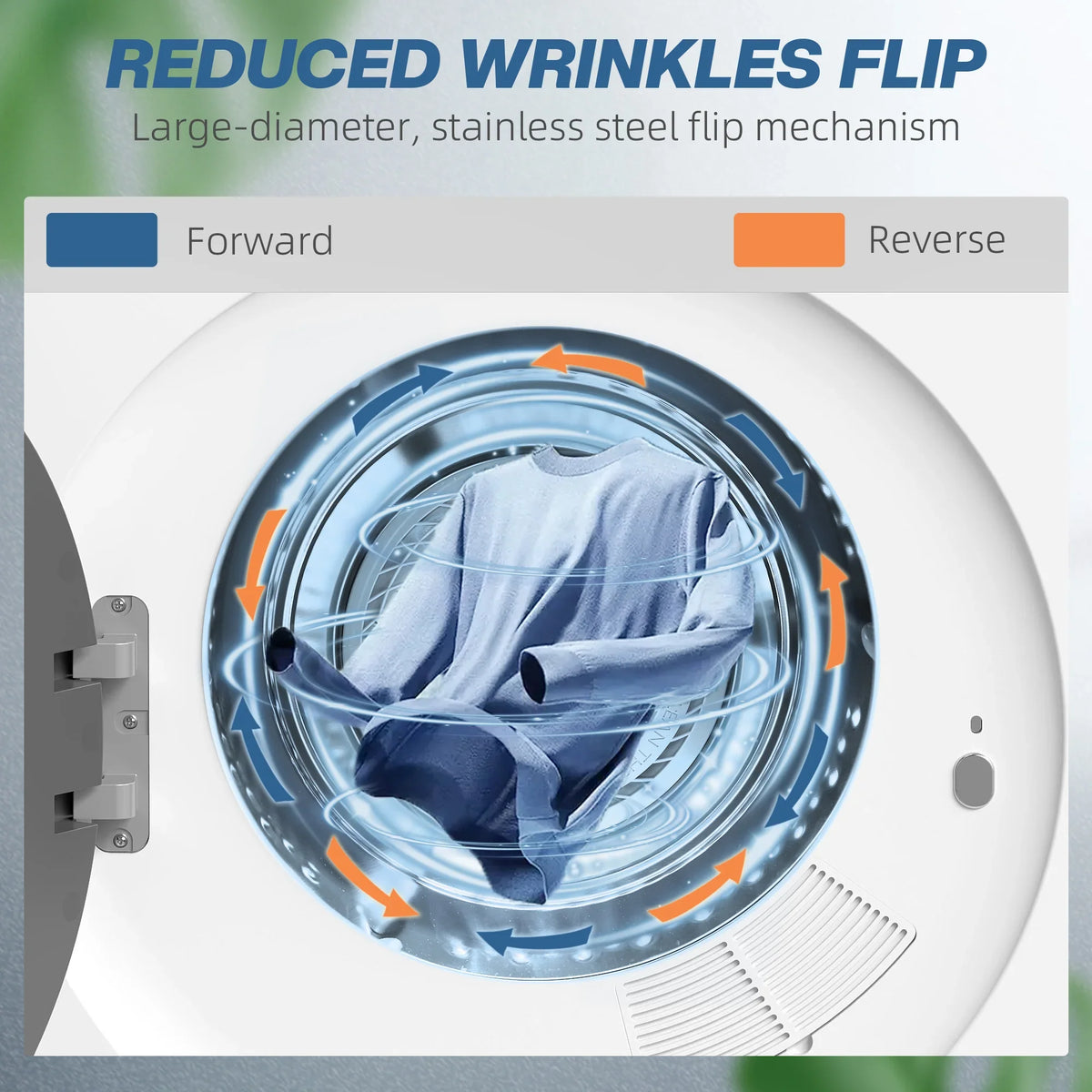 Front-load tumble dryer drum with folded clothes and airflow arrows