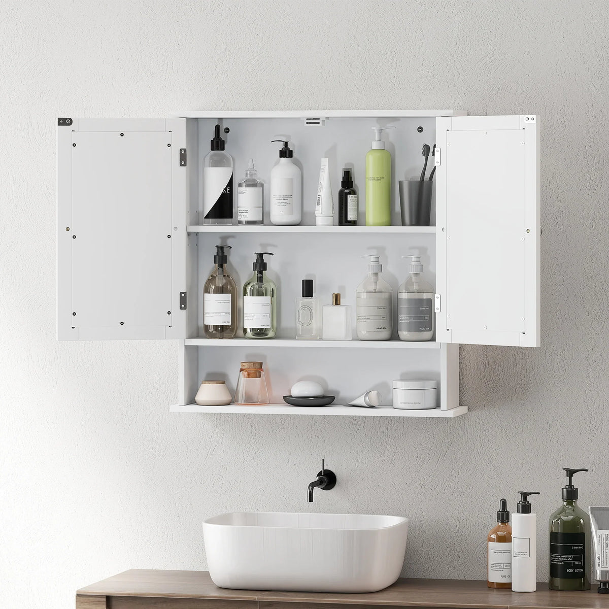 Wall-mounted white bathroom storage cabinet with open doors and adjustable two-level shelves