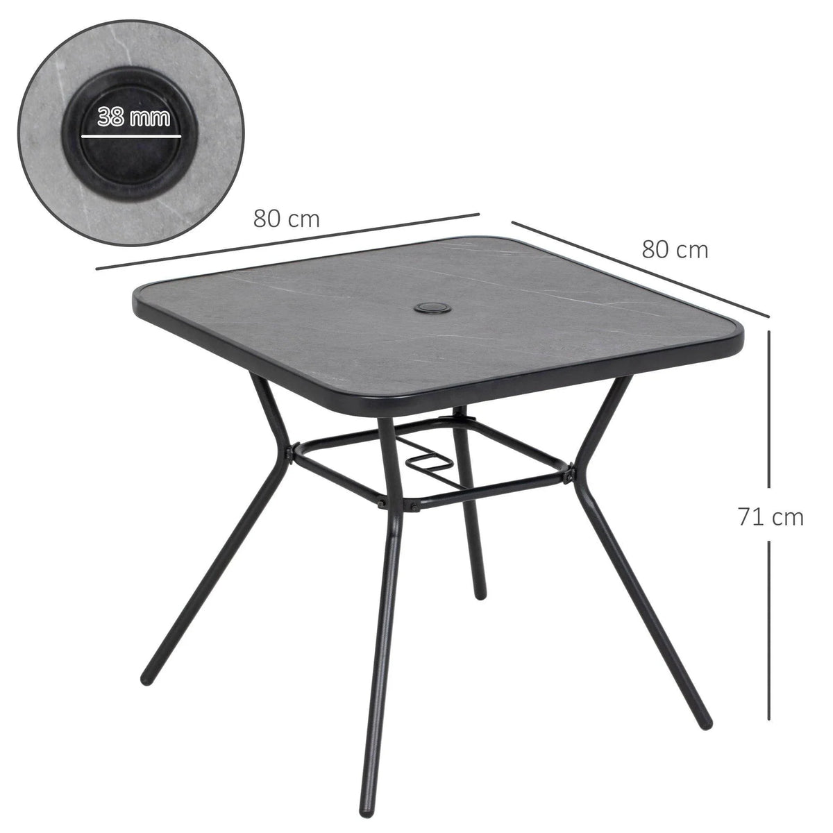 Square patio table with dark gray faux-marble tabletop and round 42mm umbrella hole
