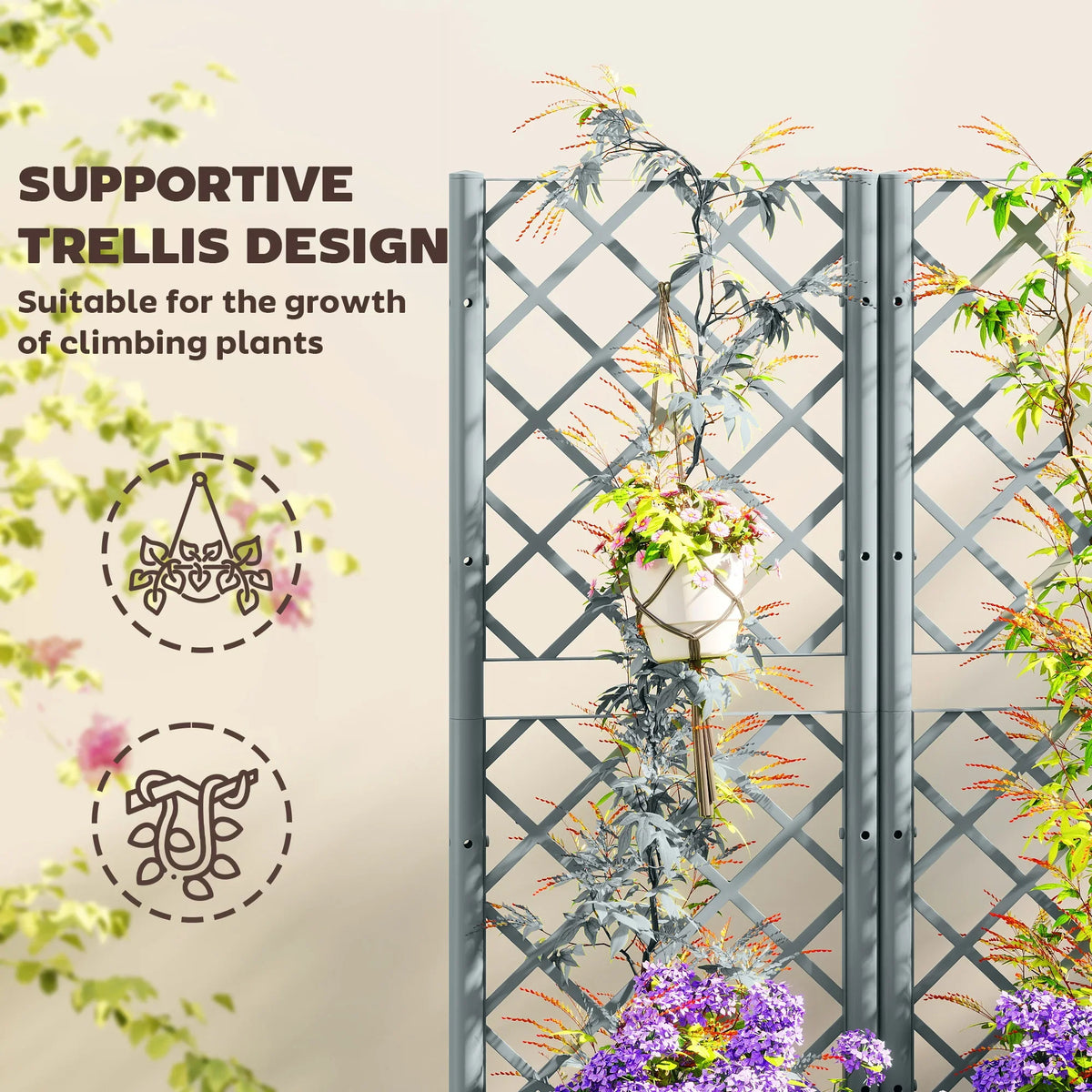 Grey garden trellis with climbing plants growing from raised plastic planter bed