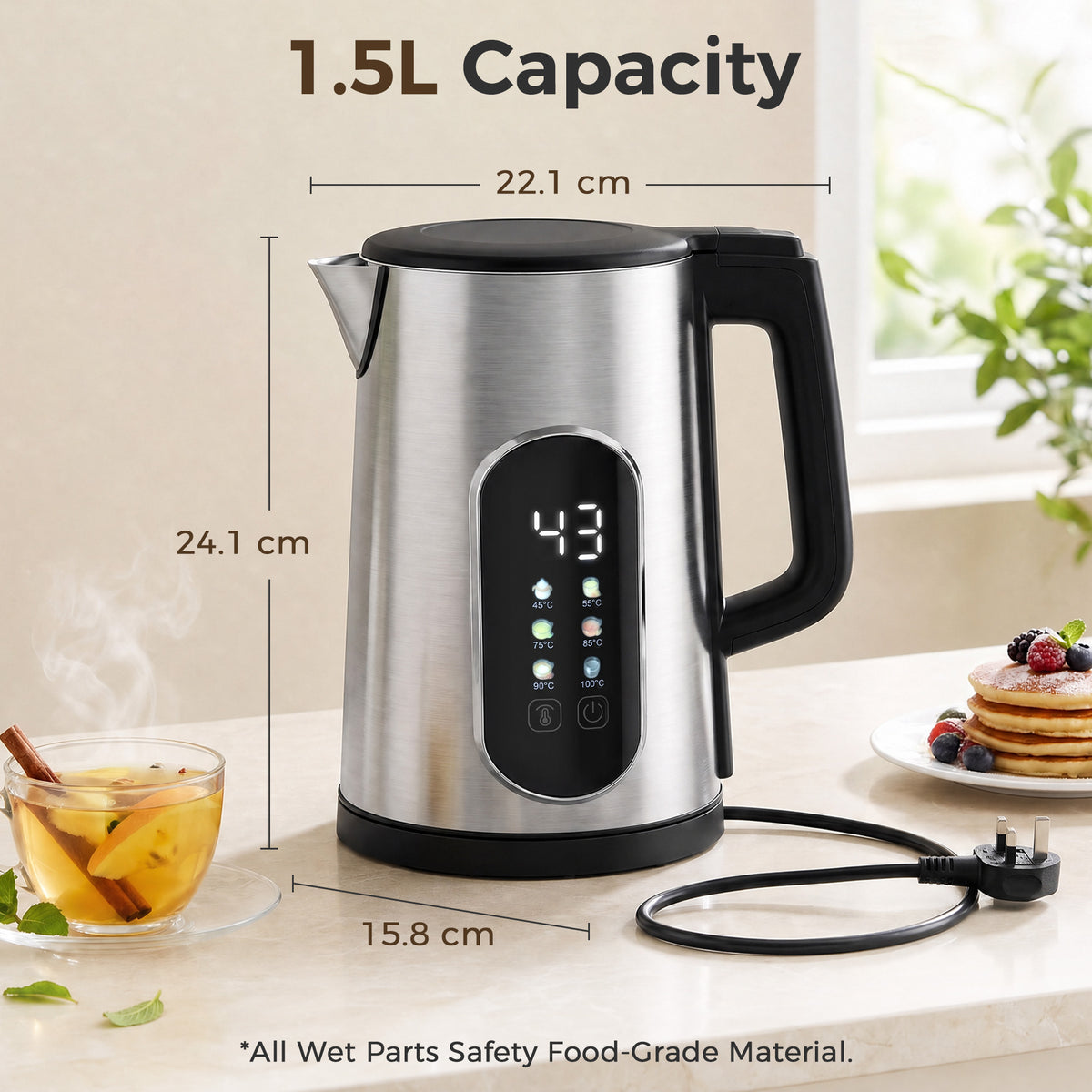 HOMCOM 1.5L 3000W Electric Kettle Fast Boil Led Control Strix Thermostat