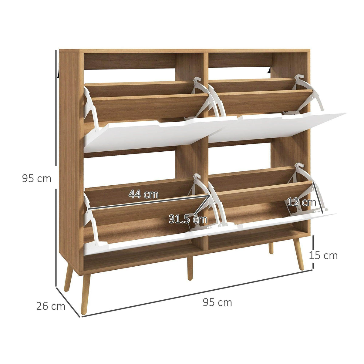 Shoe storage cabinet with four flip drawers opened, showing slotted shelves and dimensions