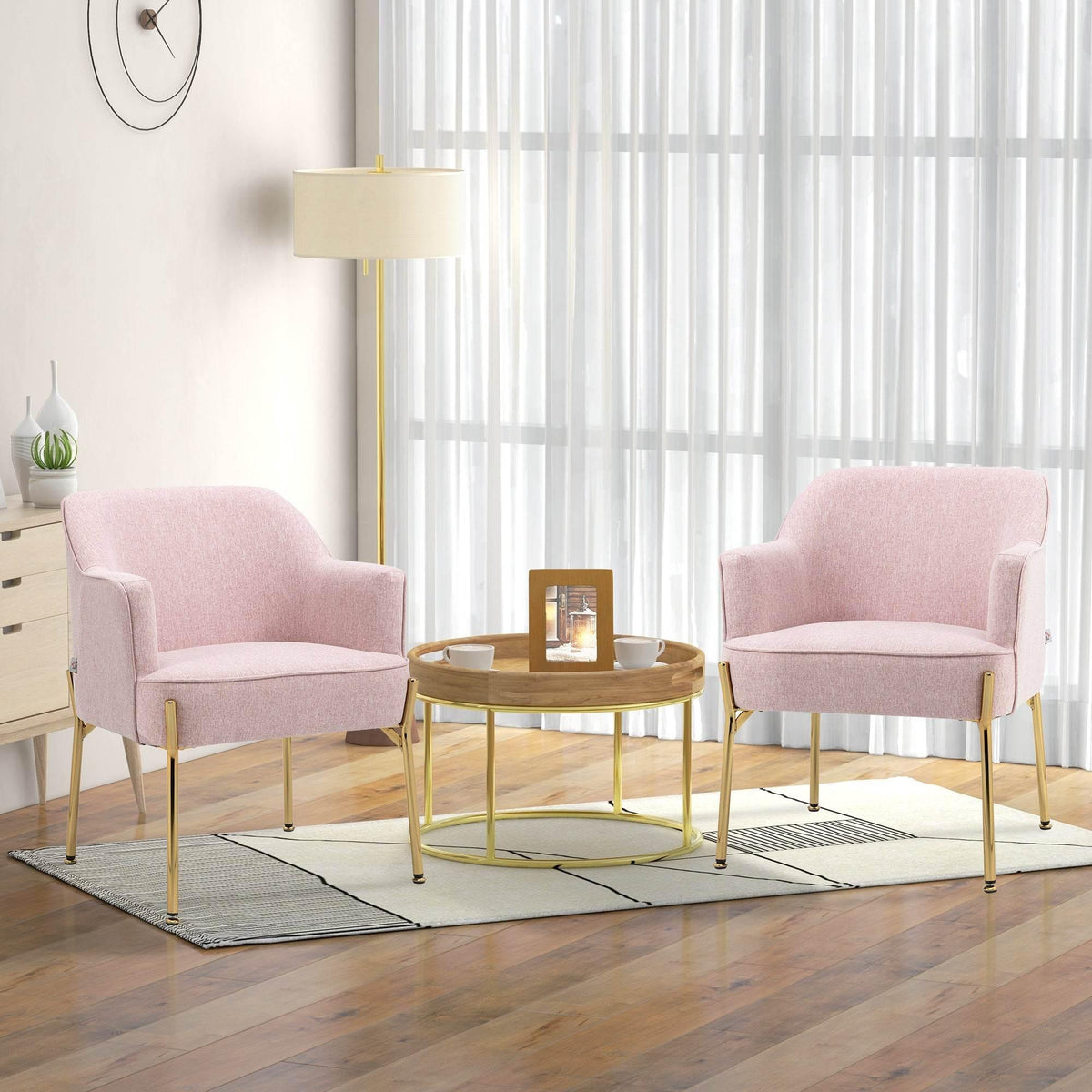 Set of 2 pink accent chairs with padded seats and gold metal legs