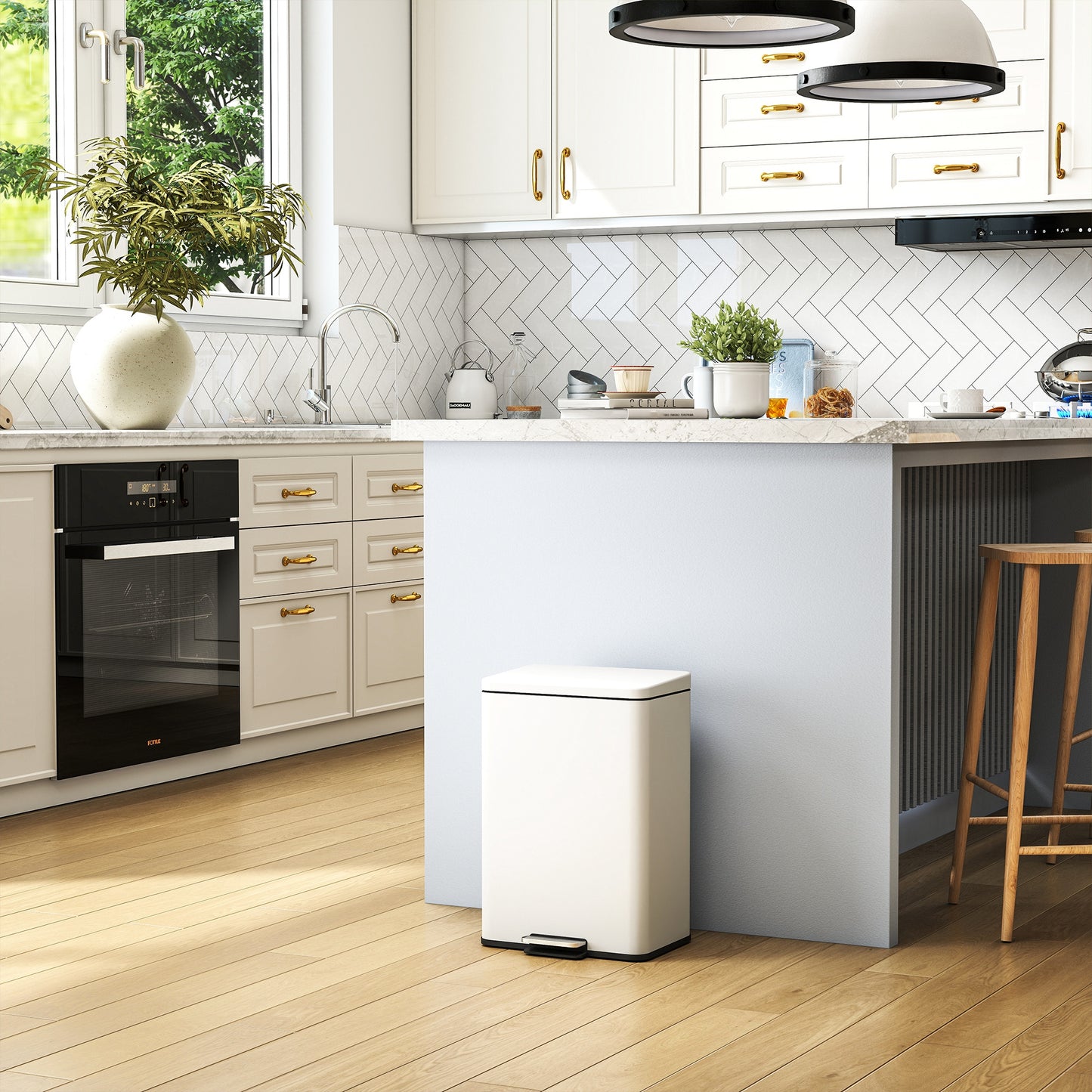 HOMCOM 20L Kitchen Bin With Soft Close Lid Stay Open Function Removable Inner Bucket Cream