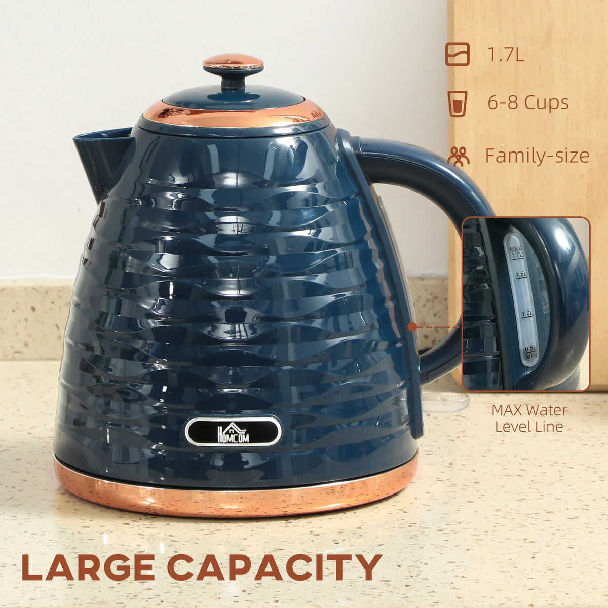 Dark blue electric kettle with honeycomb texture, copper lid, curved side handle