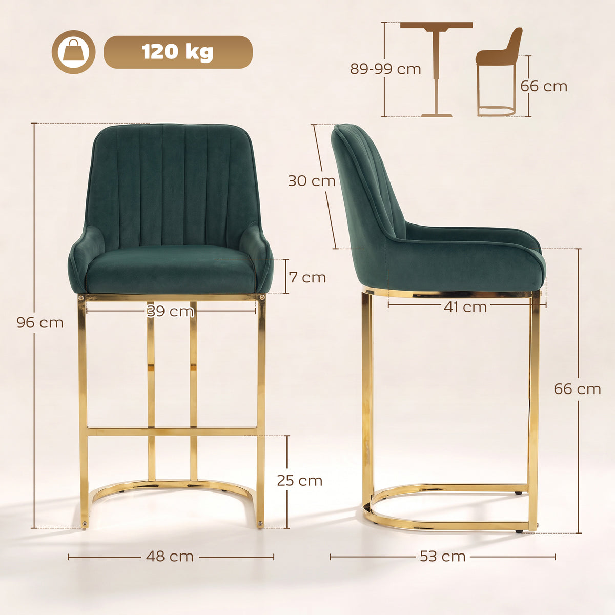 Dark green velvet bar stool with backrest and gold base, shown with size lines