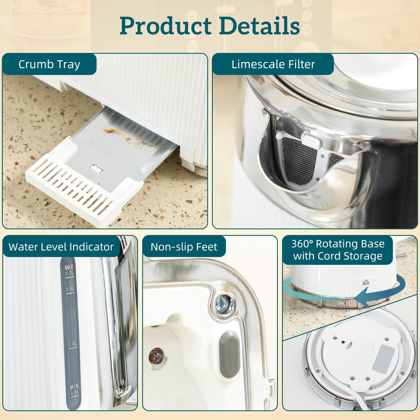 HOMCOM Kettle And Toaster Set 3000W 1.7L UK Strix Thermostat Limescale Filter 4 Slice Toaster 7 Browning Levels White
