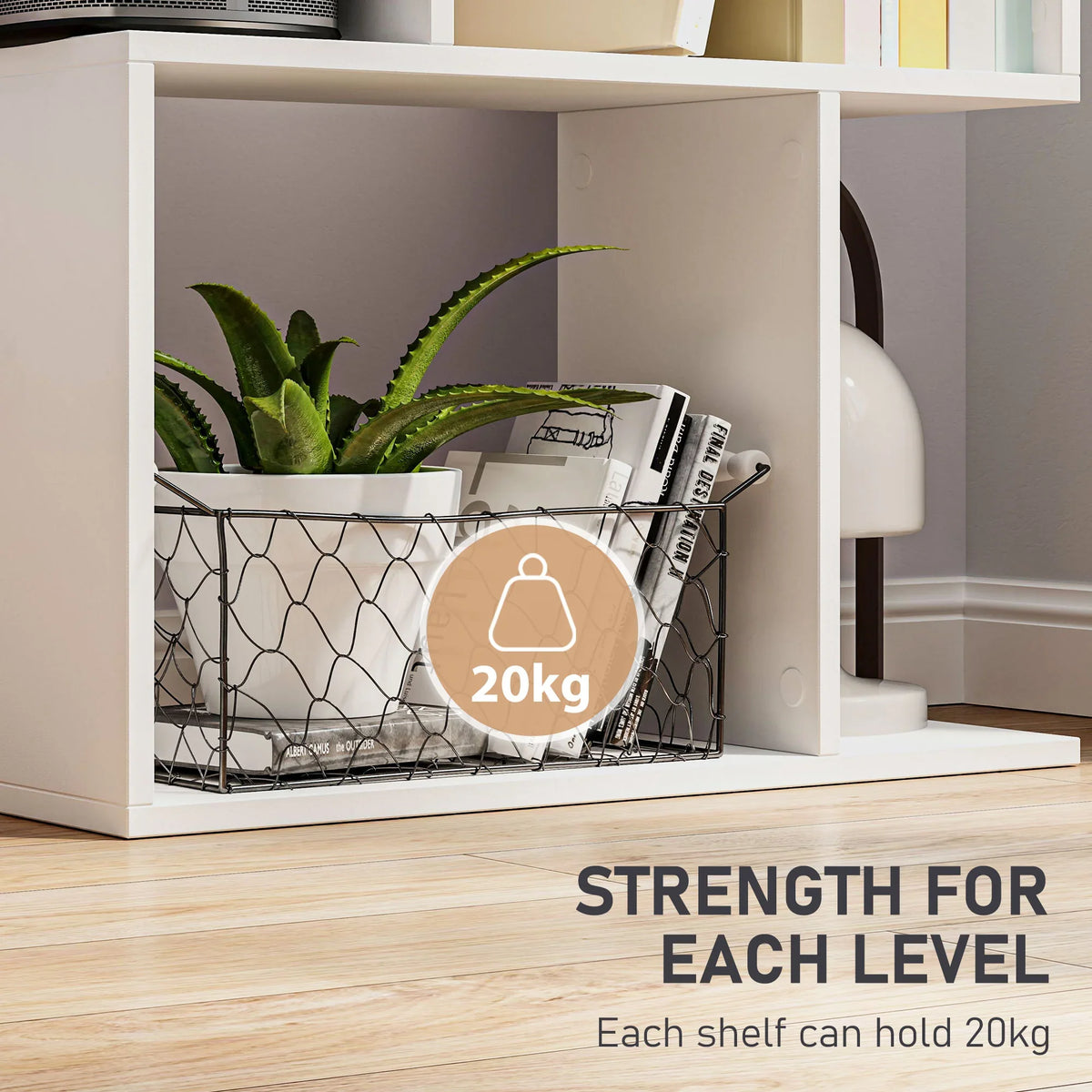 White open-back cubby bookcase with wire basket and small potted plants inside.