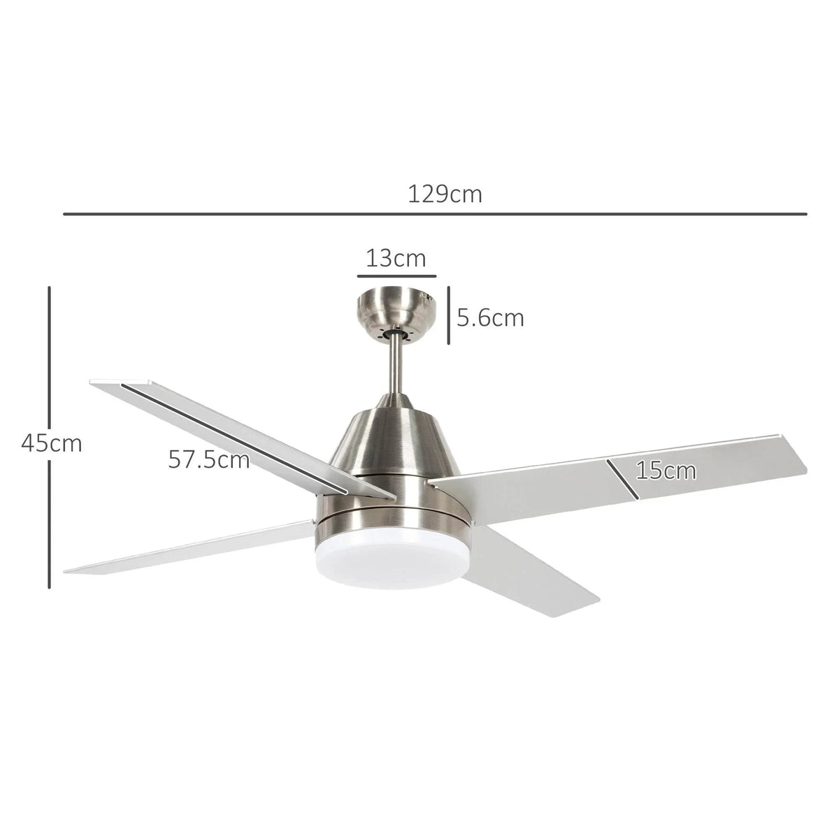 Silver LED flush-mount ceiling fan with five blades, shown with size dimensions