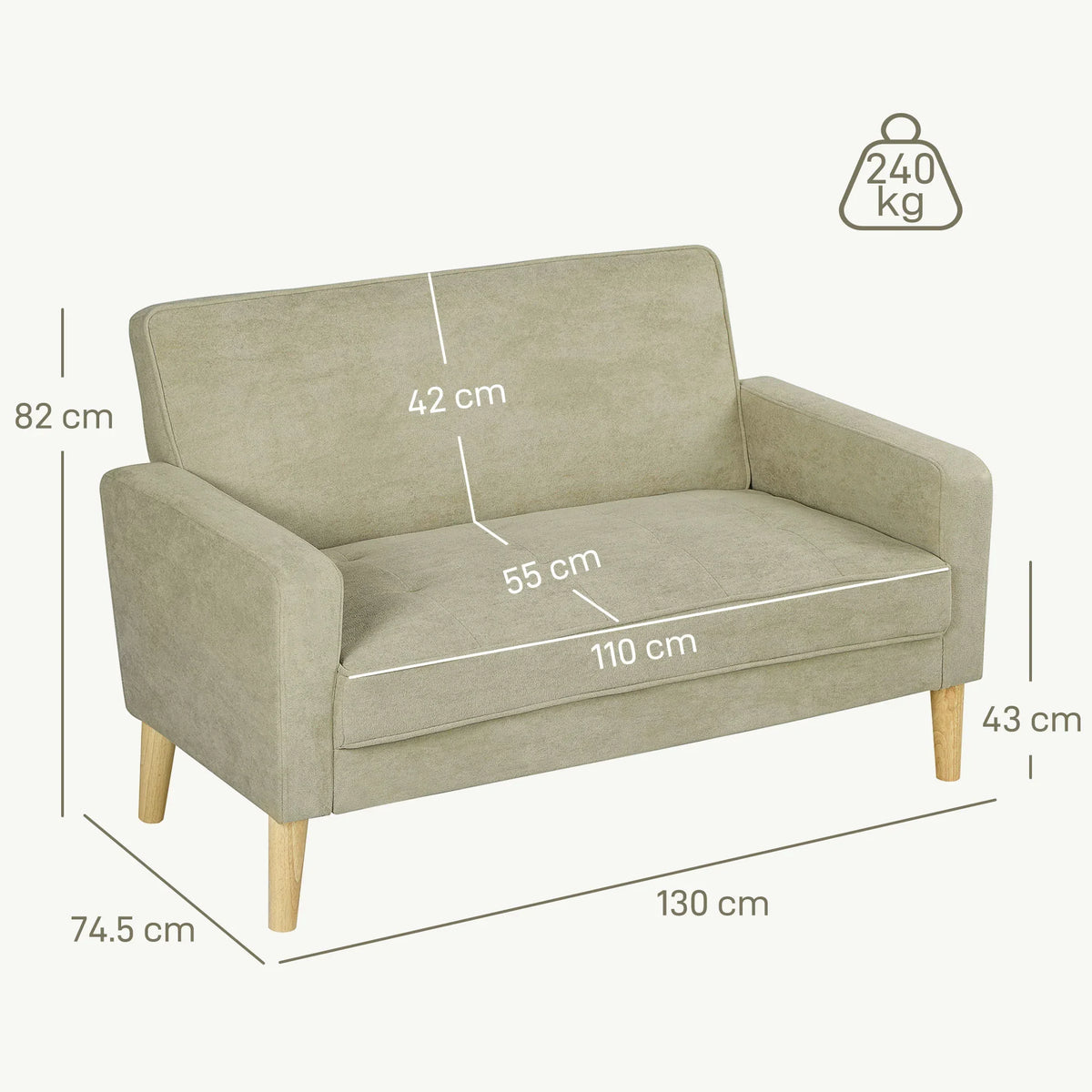 Beige two-seater sofa with wooden legs, 110 cm wide and 74.5 cm deep.