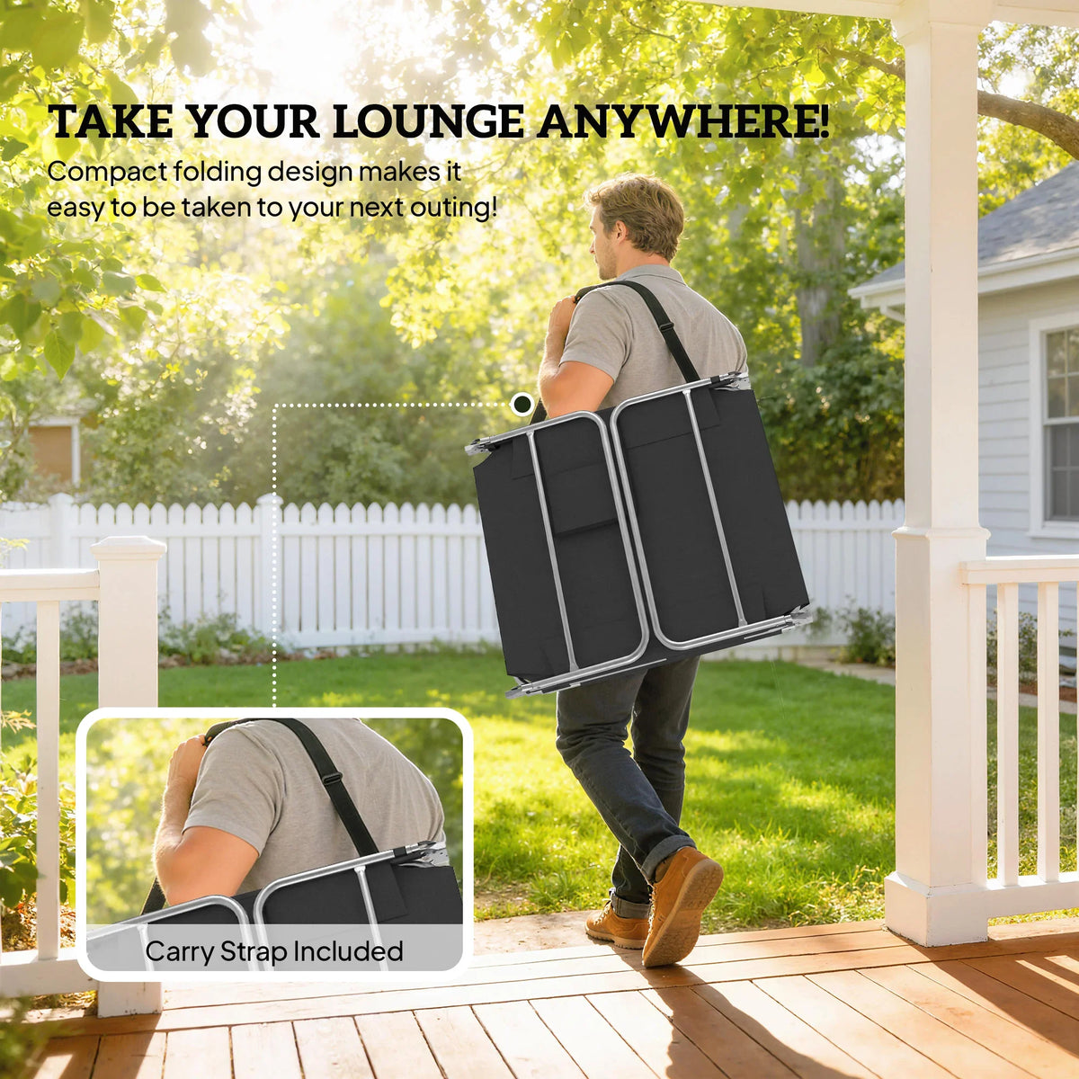 Black folding 5-position sun lounger with carry strap and compact storage design