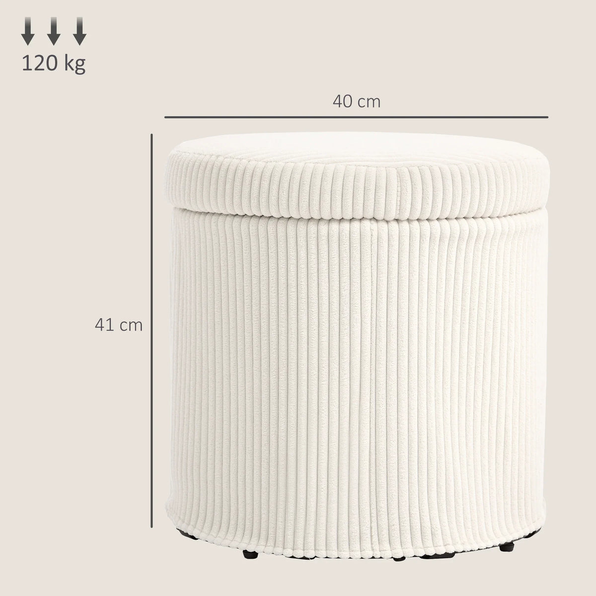 Beige corduroy round storage ottoman, 40 cm wide with removable lid