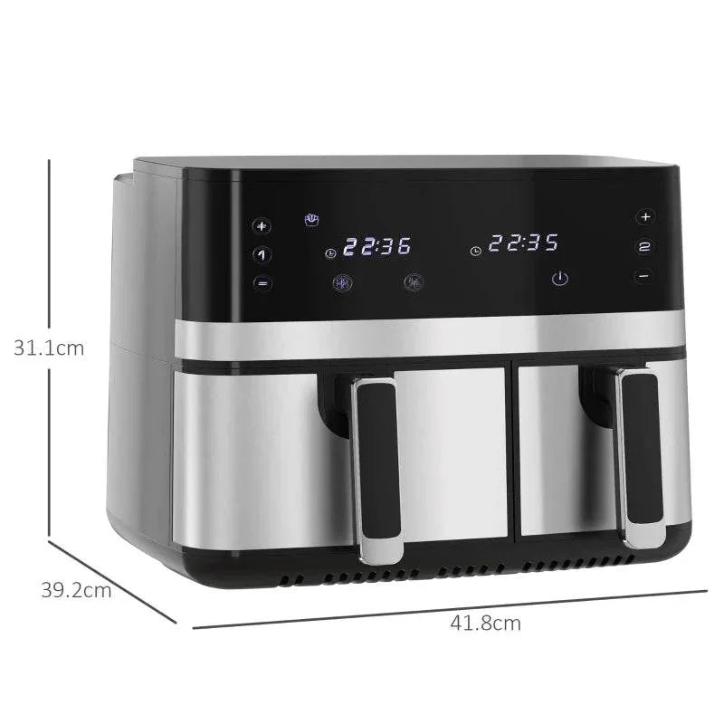 Dual-basket air fryer with digital display; front view with size markings