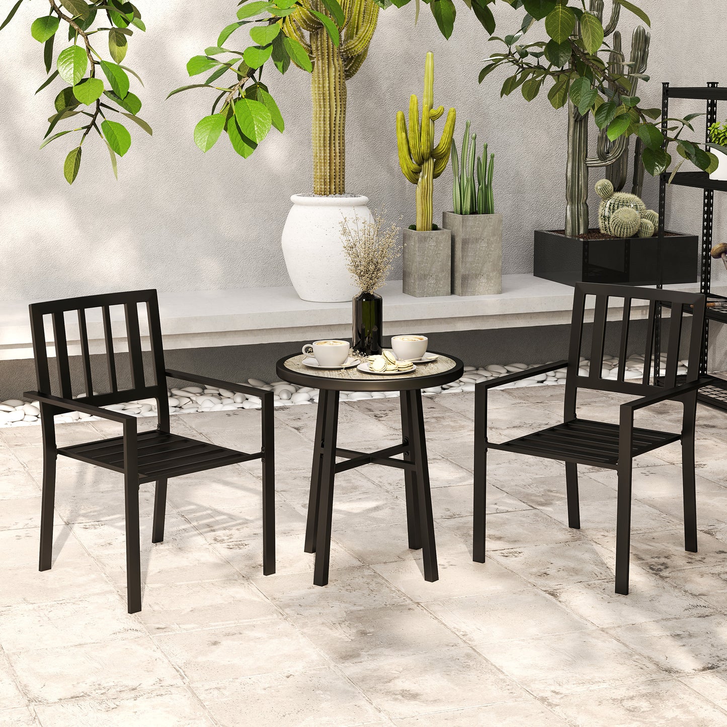 Outsunny 3 Piece Patio Bistro Set With Round Table And Stackable Chairs Galvanised Steel Frame Grey