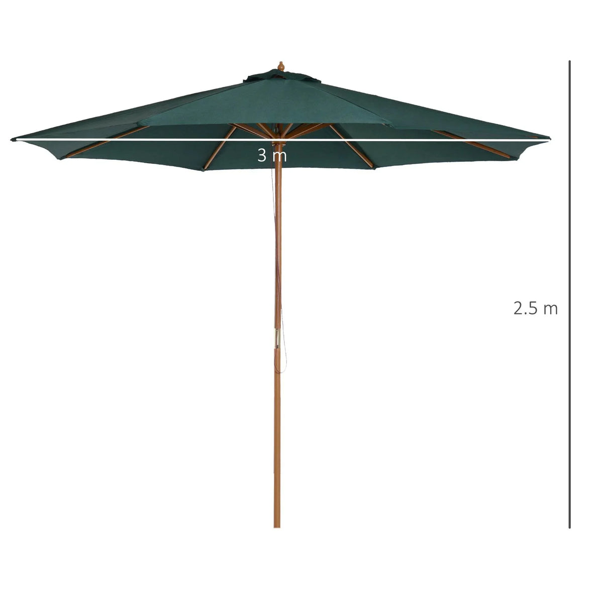 3 m dark green garden parasol with wooden center pole and adjustable height