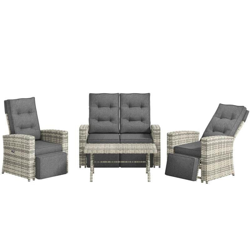 Outdoor rattan sectional sofa set in light grey with two armchairs, loveseat and cushions