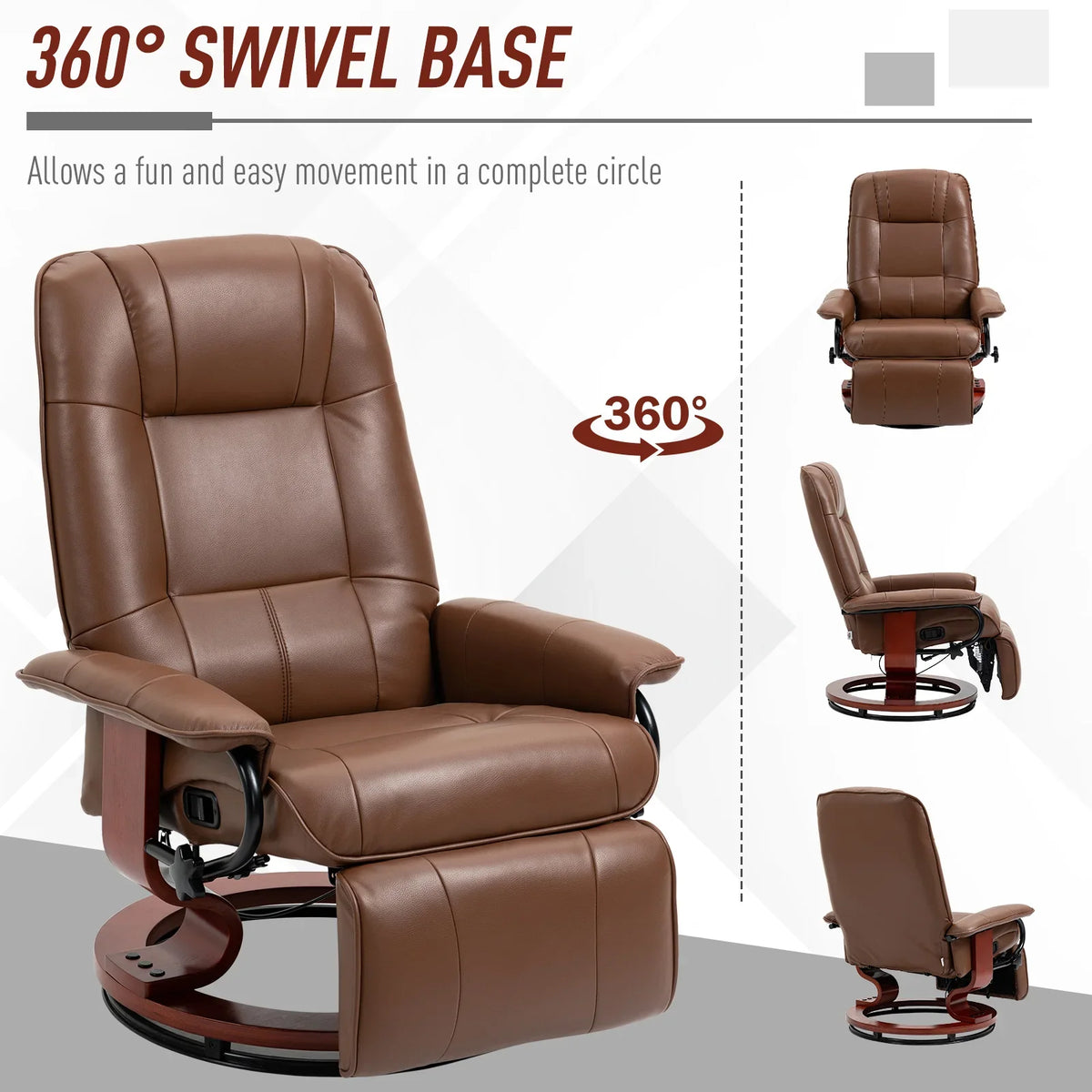 Brown faux leather recliner armchair with 360-degree swivel base and side view