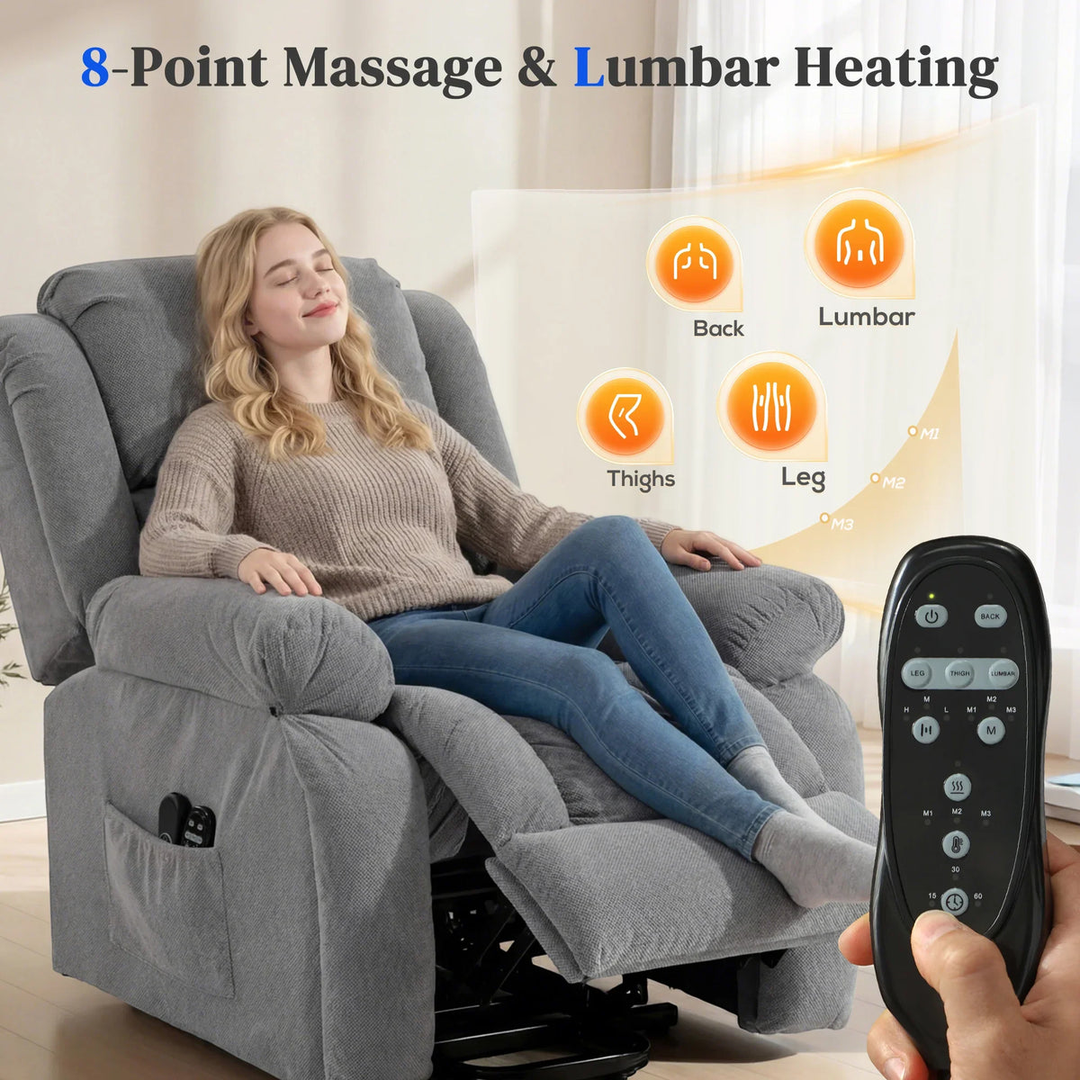 Light grey recliner chair with remote control and visible massage and lumbar heating
