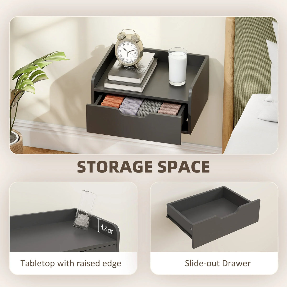 Black floating nightstand with raised-edge tabletop and slide-out drawer