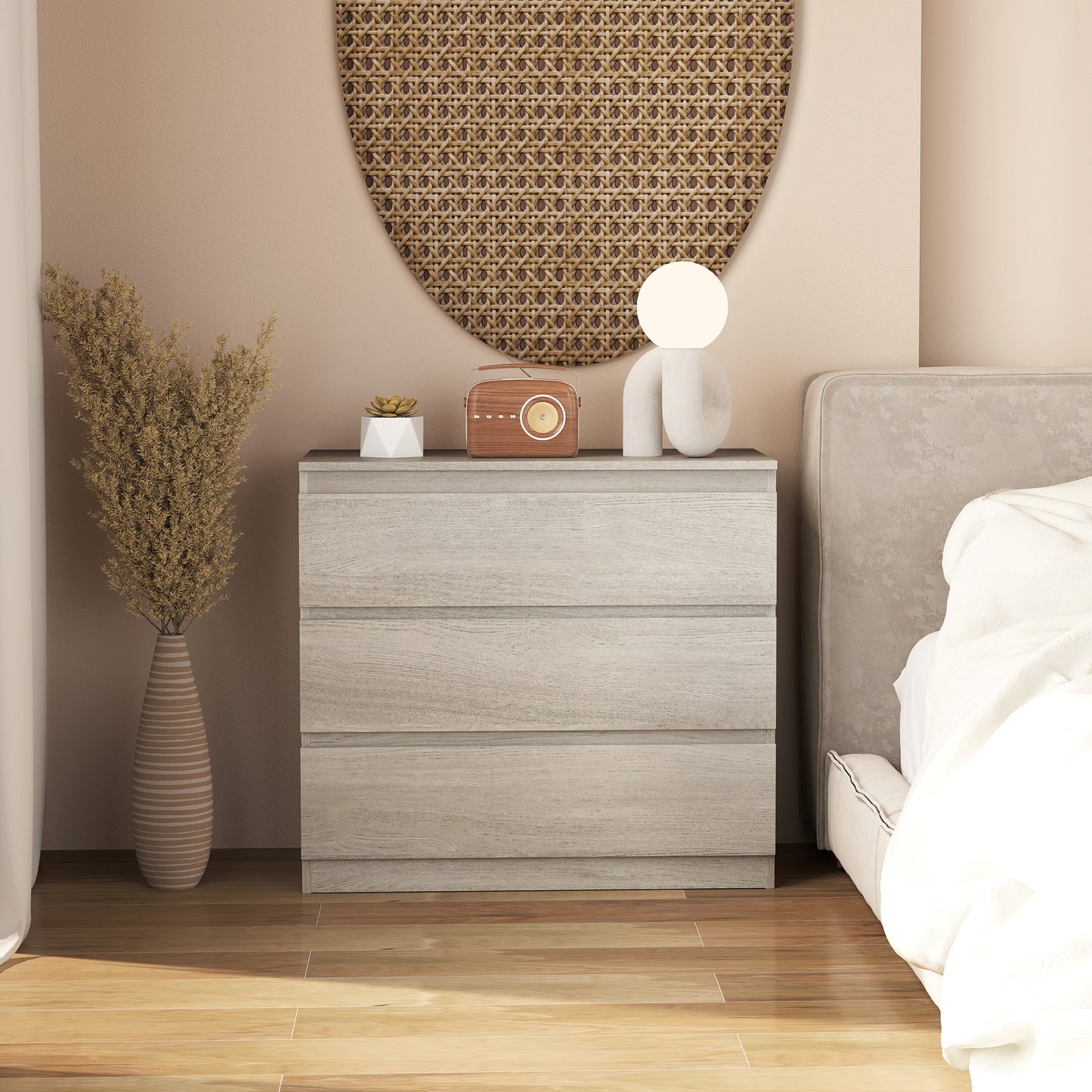 HOMCOM Three Drawer Chest In Grey Wood Effect Made From Particle Board With Flat Top For Bedroom Storage
