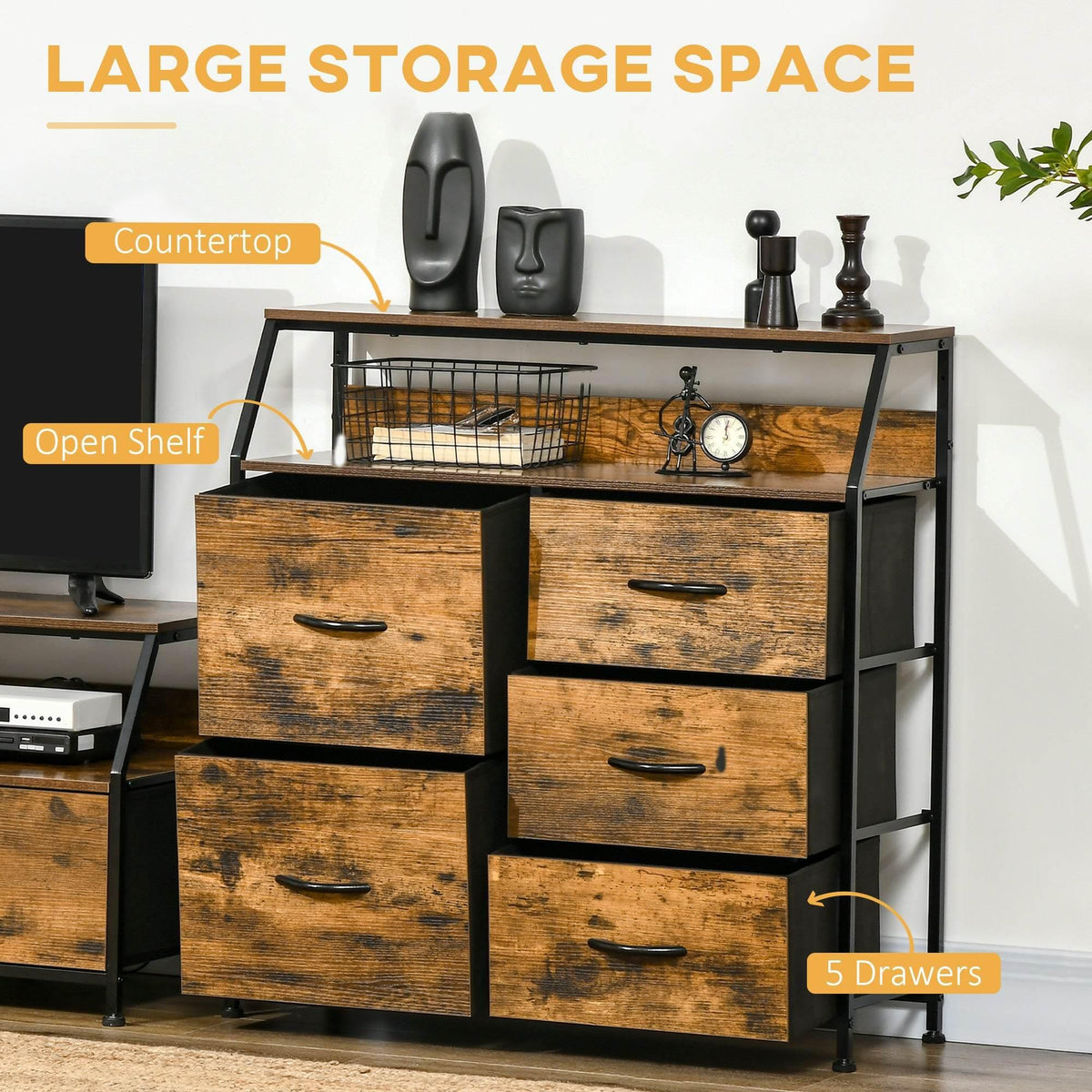 Industrial 5-drawer dresser with open shelf, rustic brown wood-look panels and black frame.