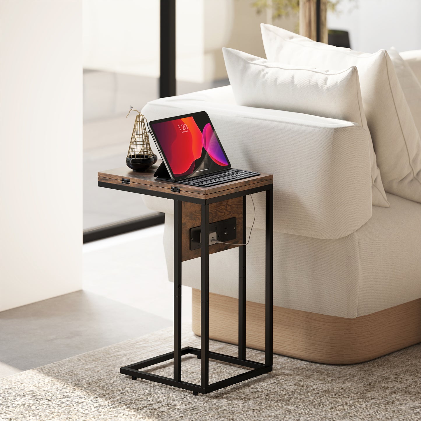 HOMCOM C Shaped Side Table With Charging Station And Foldable Top Rustic Brown Compact Design
