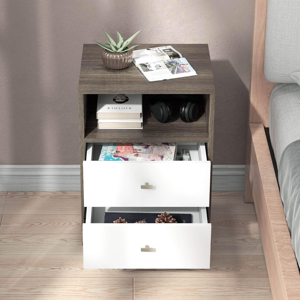 Nightstand with open top cubby and two lower drawers in a dark wood finish.