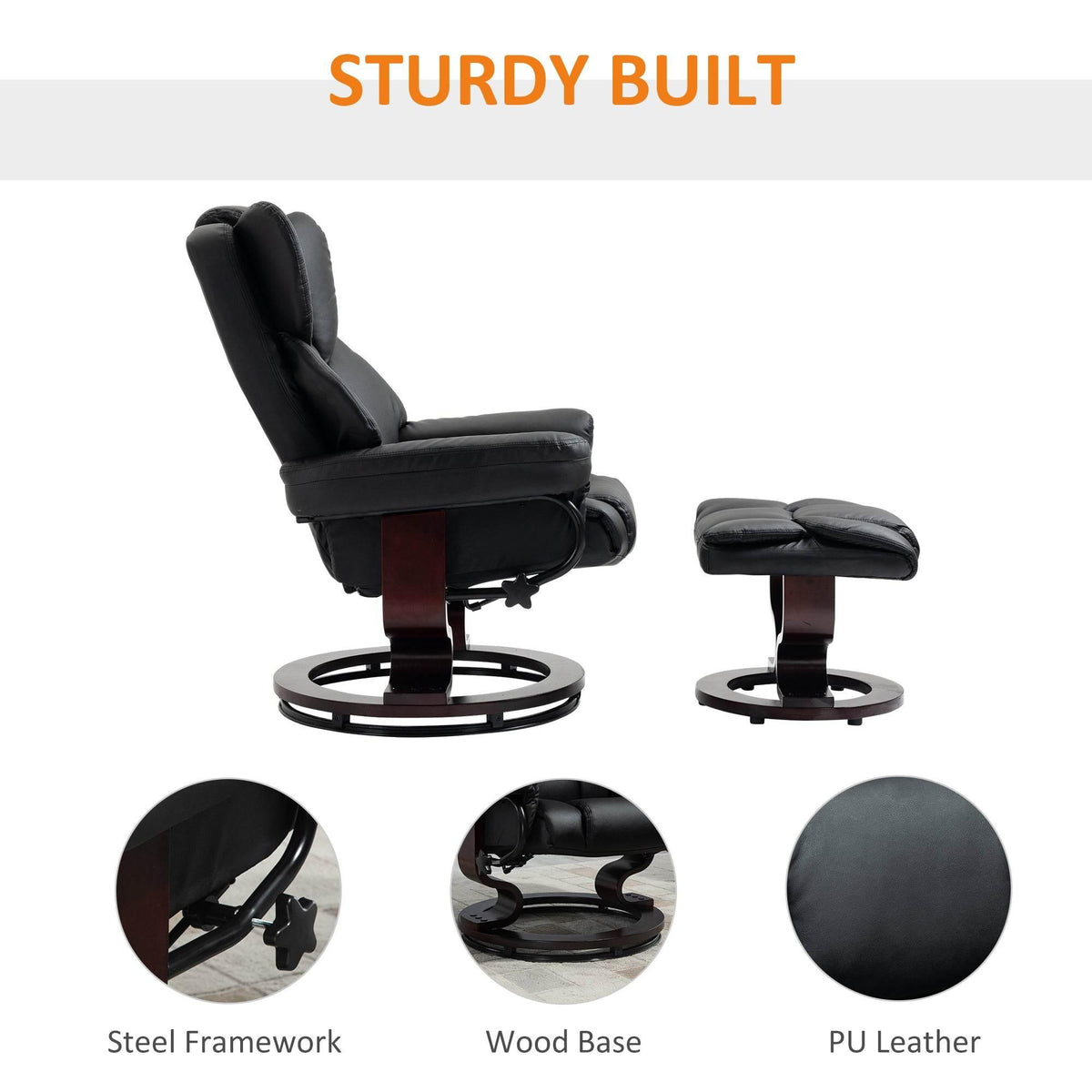 Black PU leather reclining swivel chair with wood base and steel frame