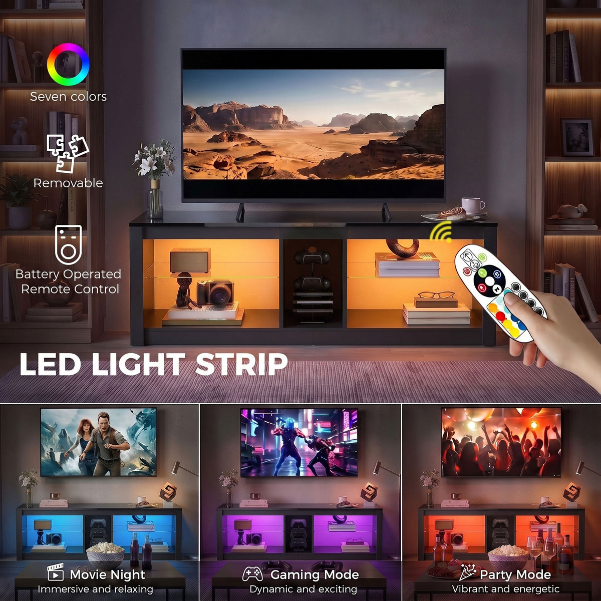 Dark gray TV stand showing LED light strip with multicolor modes and remote