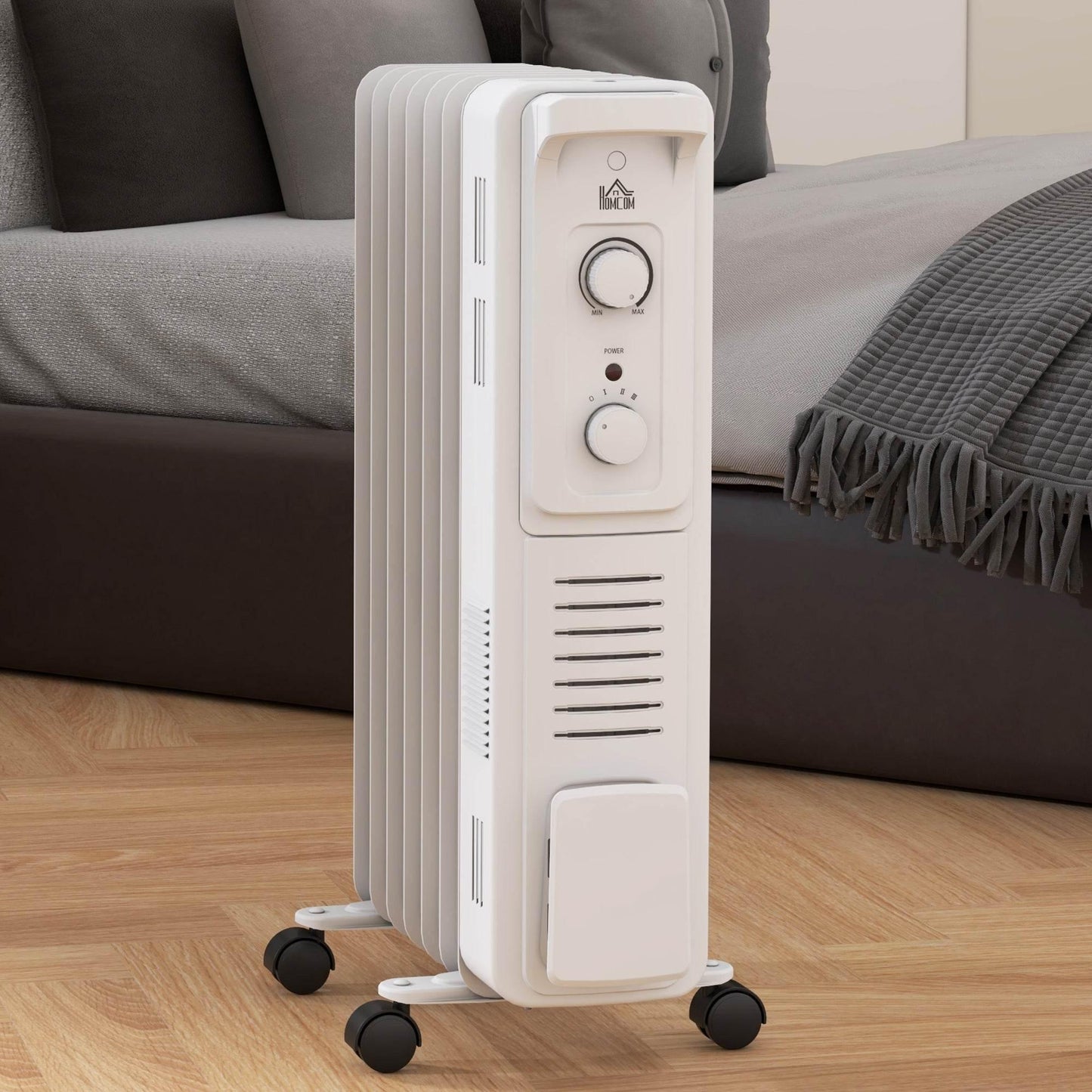 HOMCOM 1500W Portable Oil-Filled Radiator Heater with Adjustable Thermostat and Safety Features - Ideal for Home Use, White - ALL4U RETAILER LTD