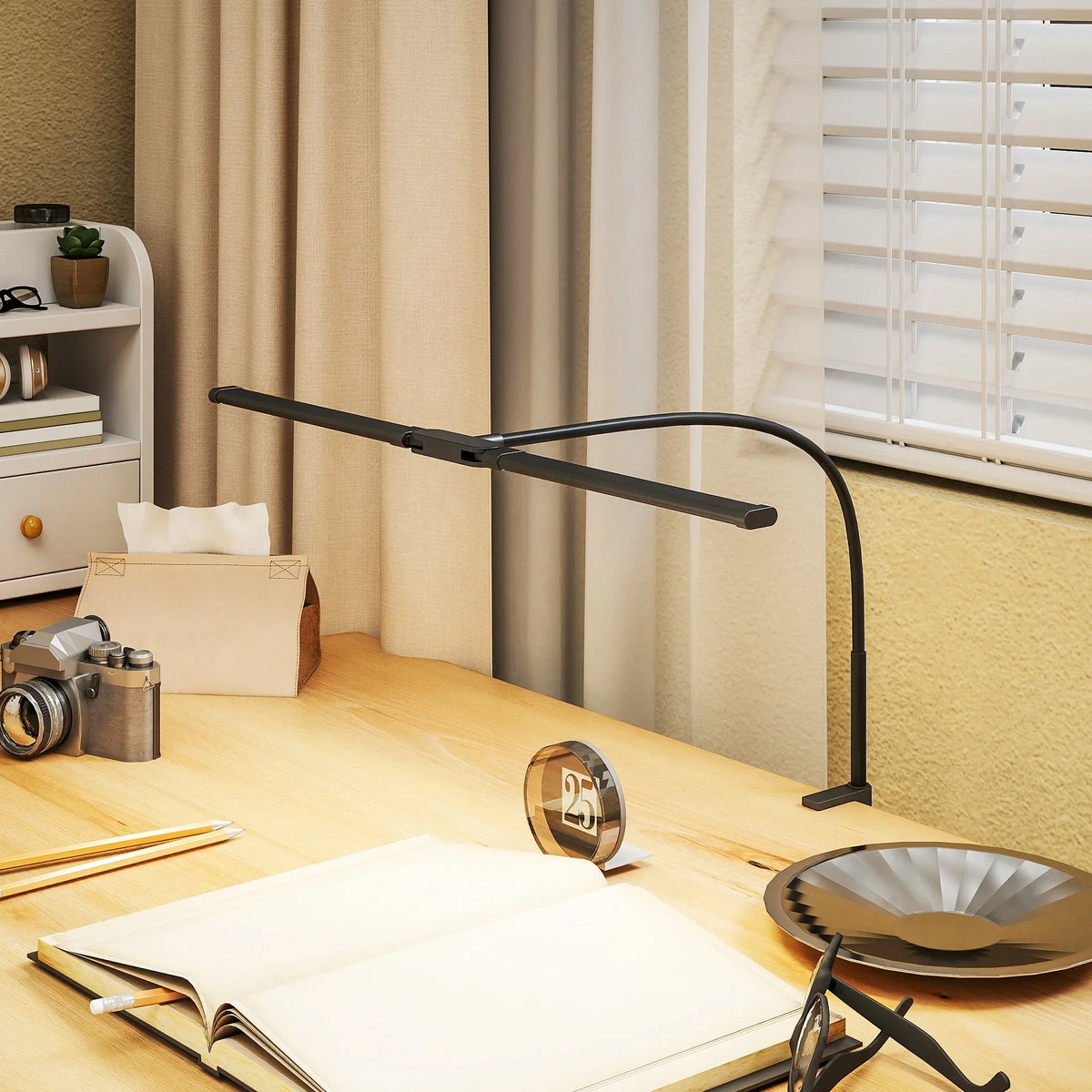 Black dual-head LED desk clamp lamp with curved gooseneck arms