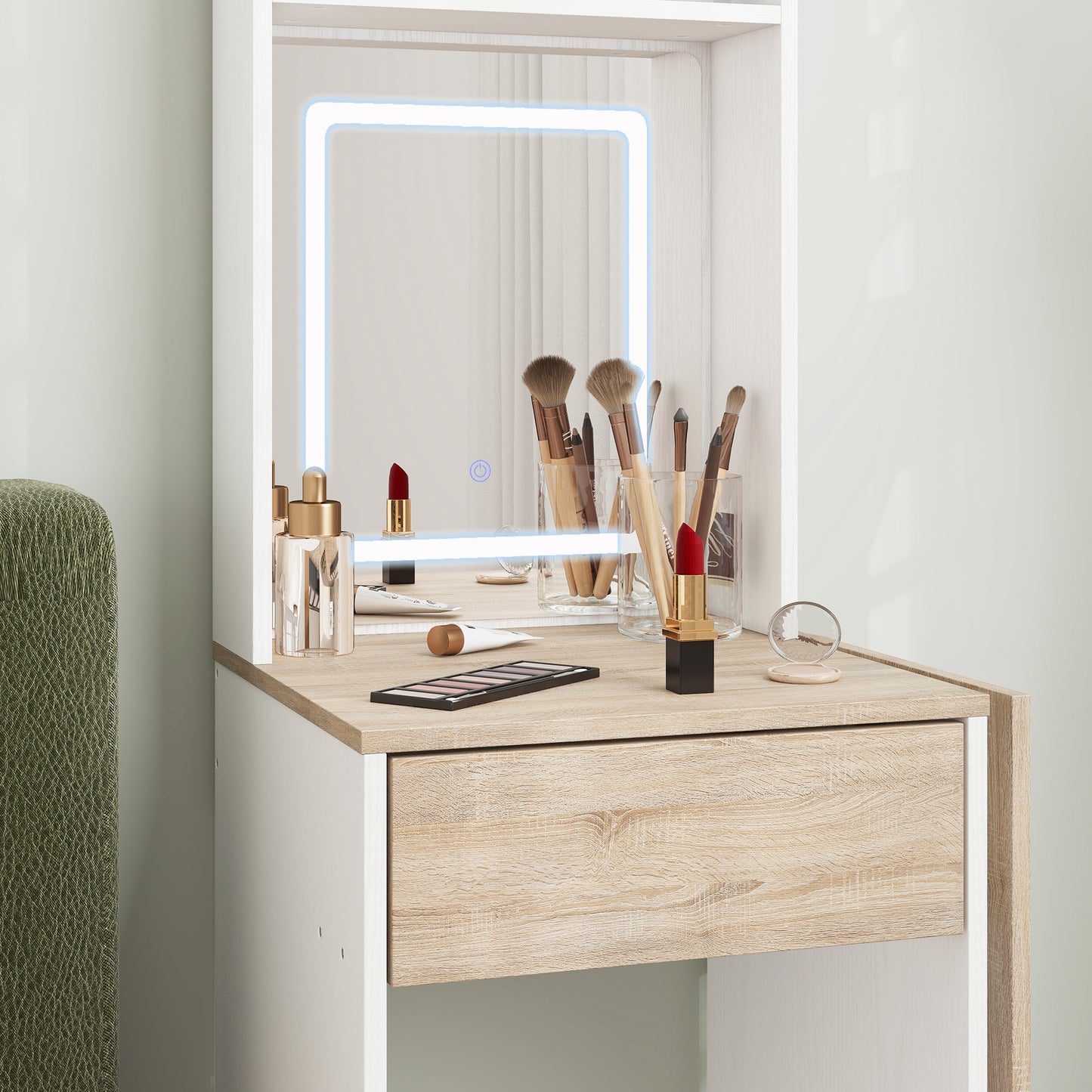 Women's Homcom Small Vanity Desk With Mirror And Led Lights, Compact Dressing Table With Drop Leaf, Open Shelves And Drawer, White
