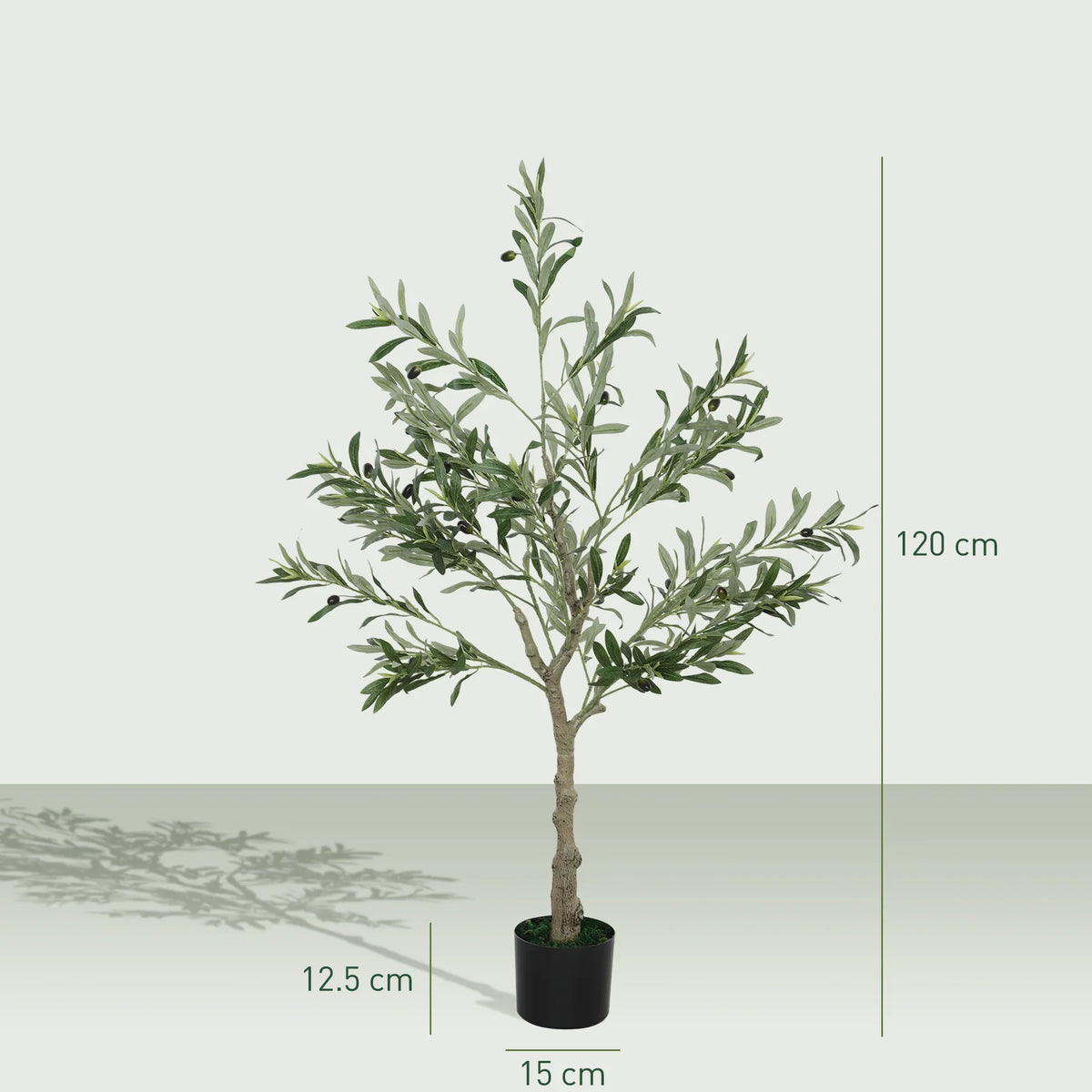 Artificial olive tree with faux foliage in black pot, about 120 cm tall