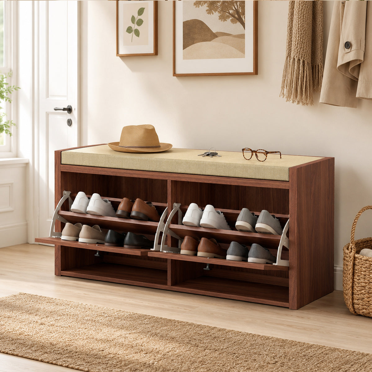 Brown shoe storage bench with beige cushion and open compartment holding shoes