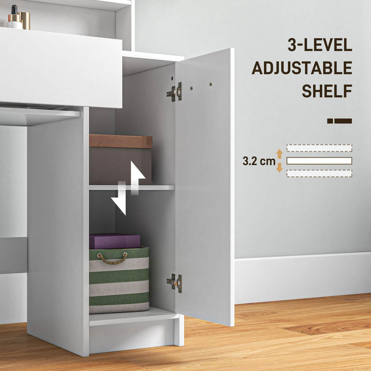 White vanity cabinet with open side storage and adjustable 3-level inner shelf