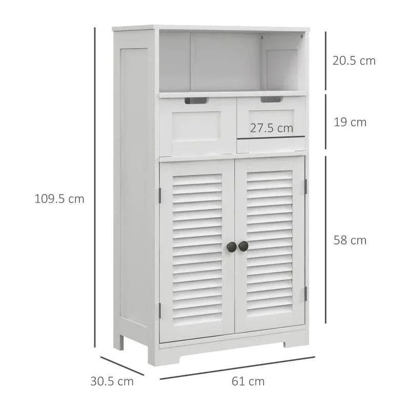 White bathroom cabinet with two louver doors and top drawer section