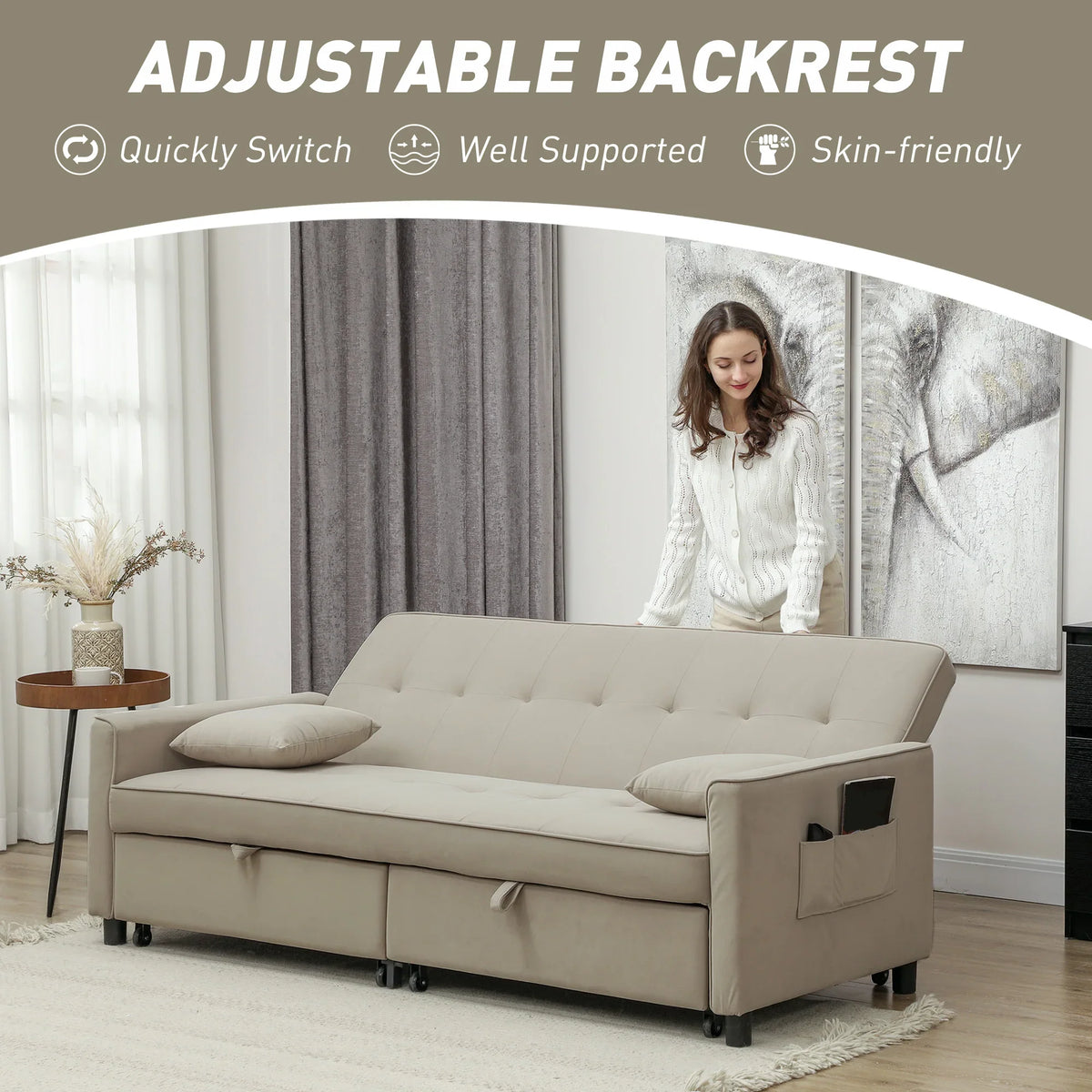 Beige sofa bed with button-tufted backrest, three cushions, and side armrest pocket on wheels