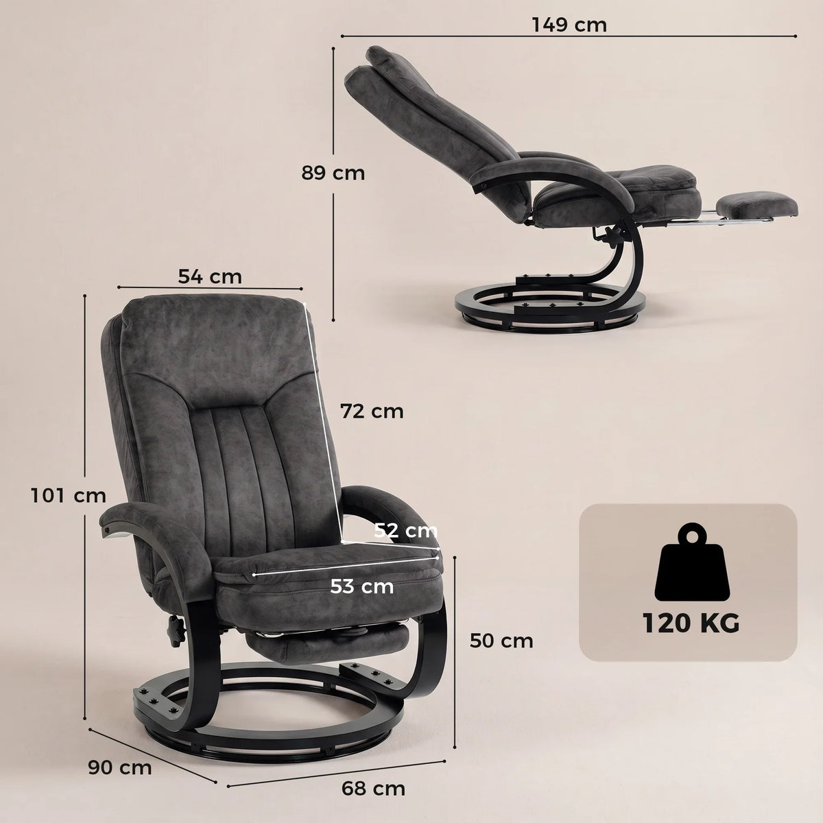 Gray velvet swivel recliner chair with retractable footrest, side view