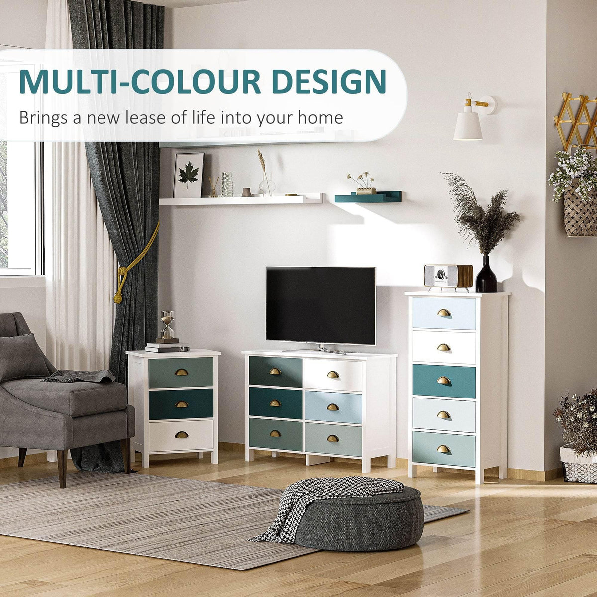 Bedside nightstand set with white frame, blue drawer fronts, and brass handles