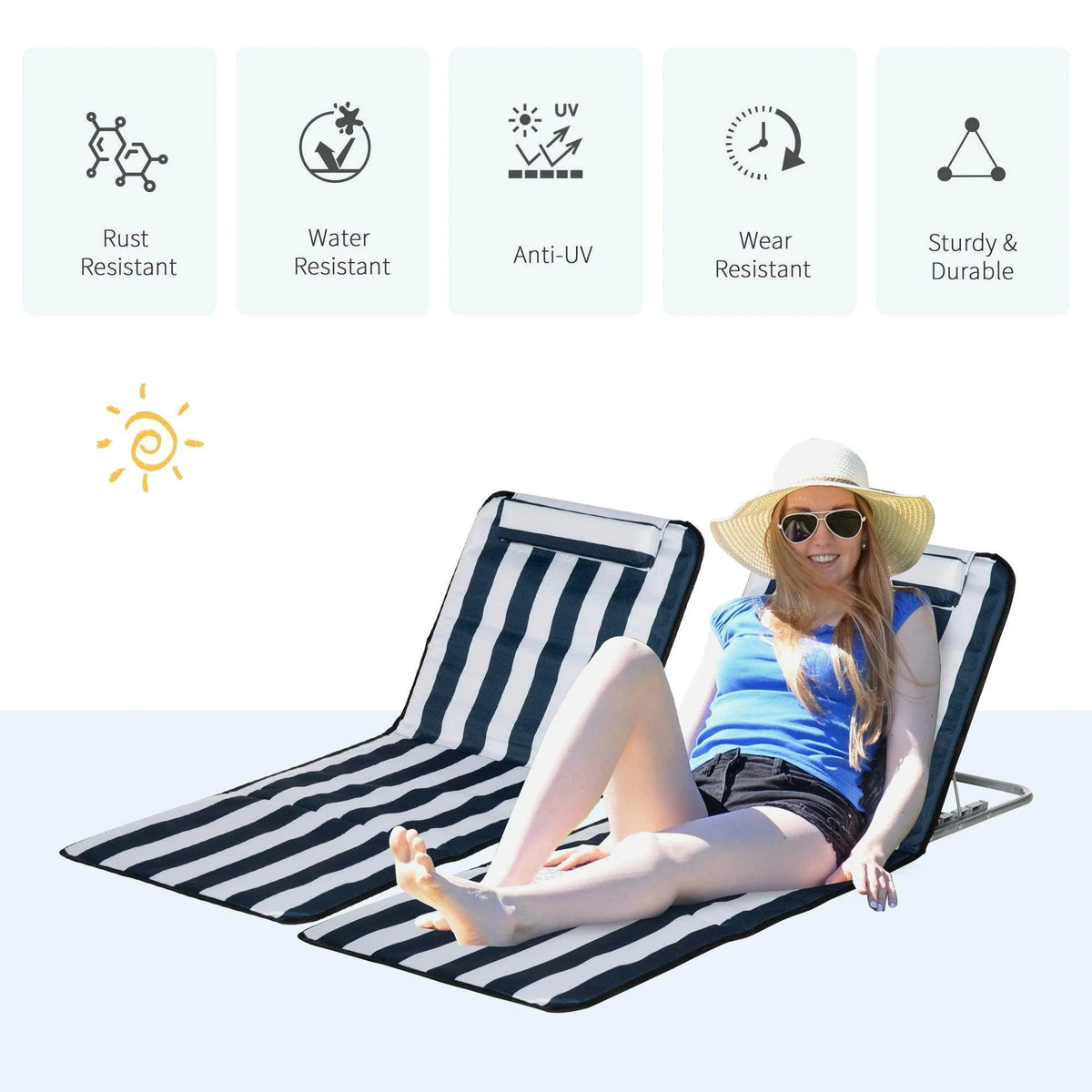 Foldable beach chair with navy and white striped fabric and steel base, open and reclined