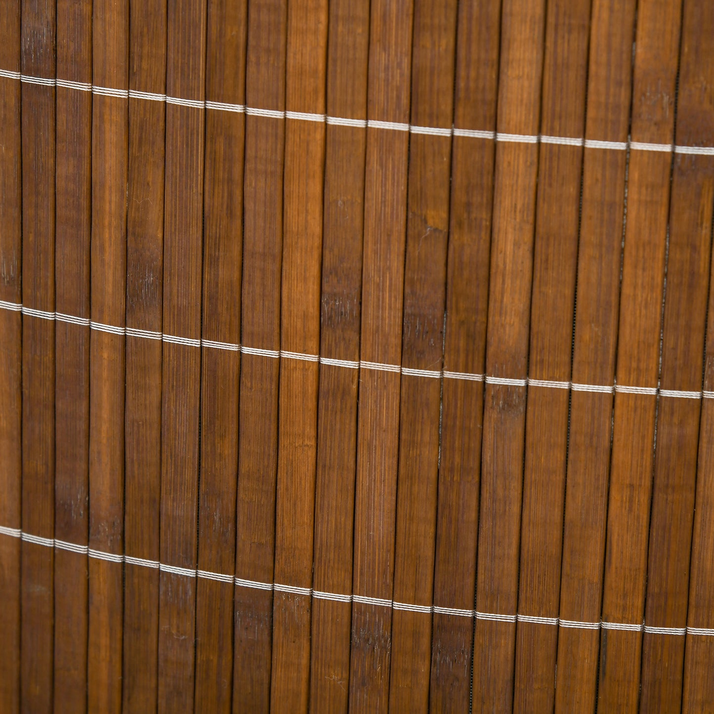 Brown bamboo slat sides with white binding stripes, close-up detail