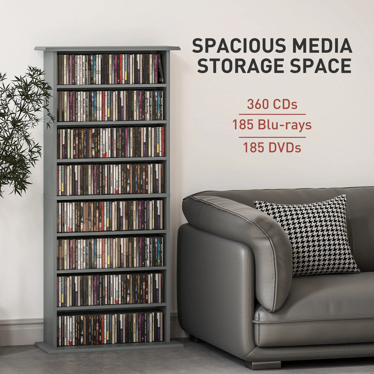 Grey tall media storage shelf with multiple rows of disc compartments