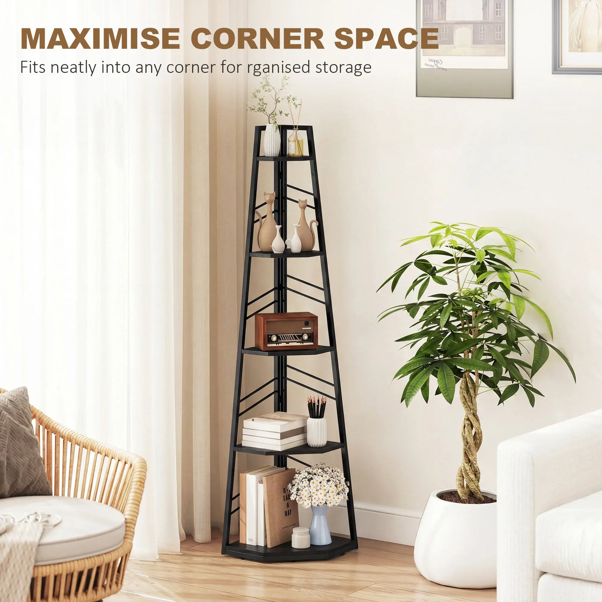 Black 5-tier corner bookcase displaying decor items on angled shelves
