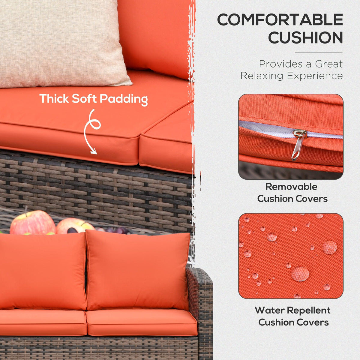 Orange outdoor cushion with thick padding and zipper for removable cover