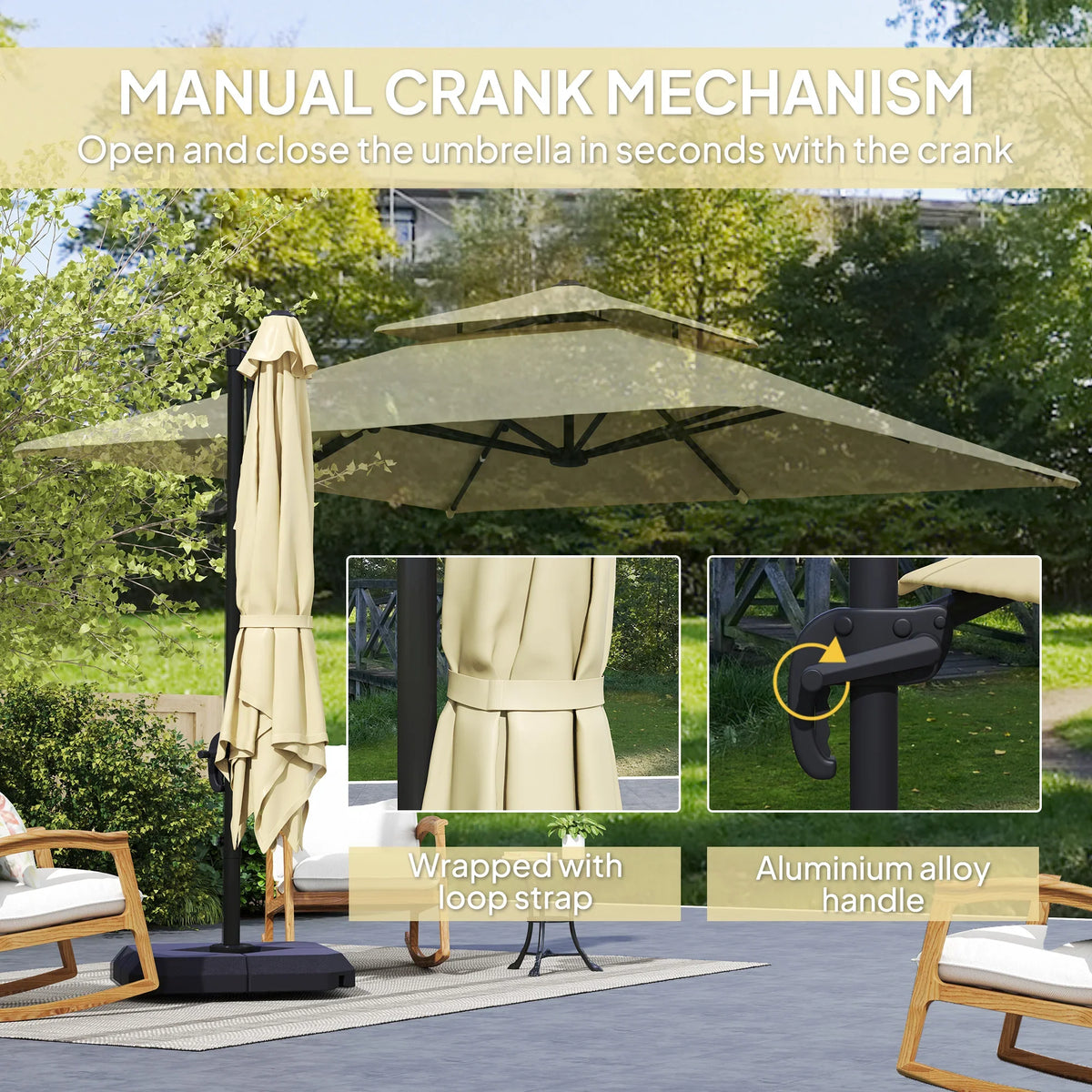 Khaki cantilever patio umbrella with manual crank handle and wrapped cover strap