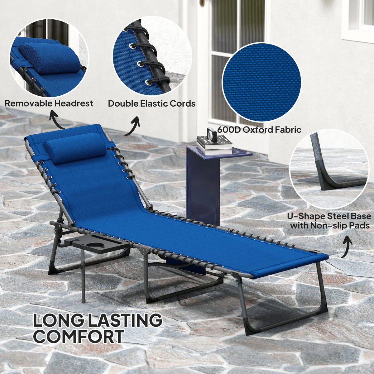 Dark blue reclining lounger with removable headrest and elastic cord seating