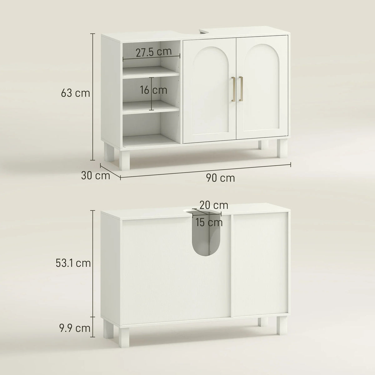 Cream bathroom under-sink cabinet with U-shaped cutout and cabinet dimensions