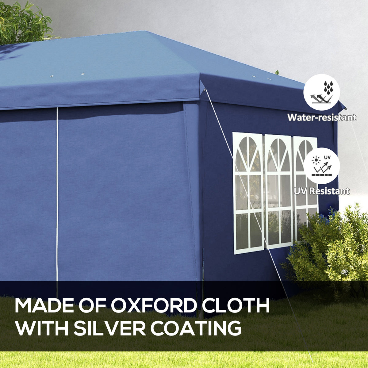 Blue gazebo side wall with window panels and draped curtain valance