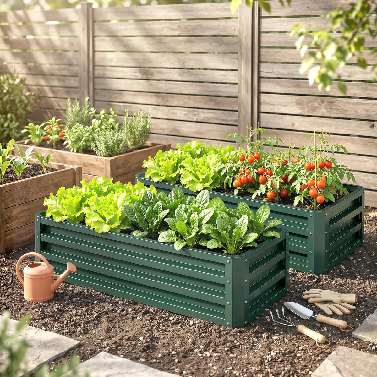 Set of two green steel raised planter boxes with slatted sides and planted vegetables